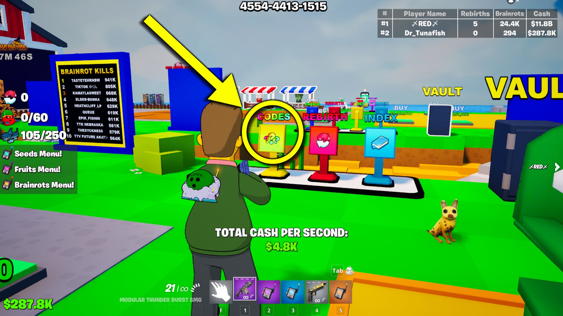 An in-game screenshot from the Fortnite UGC Fruits vs Brainrots, featuring an arrow pointing towards the code redemption sign. - 3