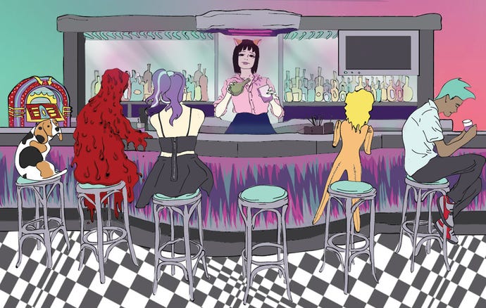 A screenshot of Fuck Everything showing people, monsters, a dog, and an inflatable doll sitting at a bar.