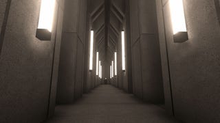 A menacing brutalist corridor, tall and symmetrical and entirely in concrete, in Fugue In Void