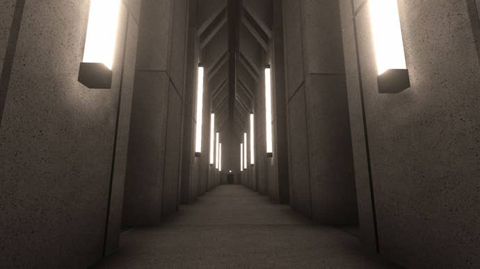 A menacing brutalist corridor, tall and symmetrical and entirely in concrete, in Fugue In Void