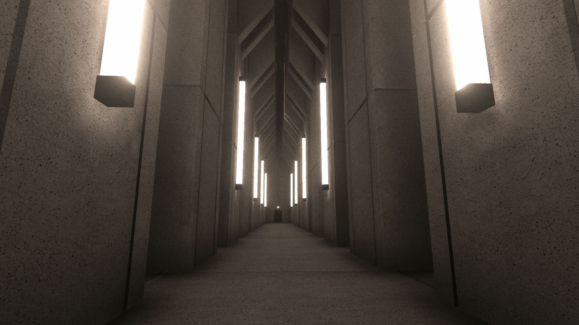 Dark futuristic brutalist architecture interior