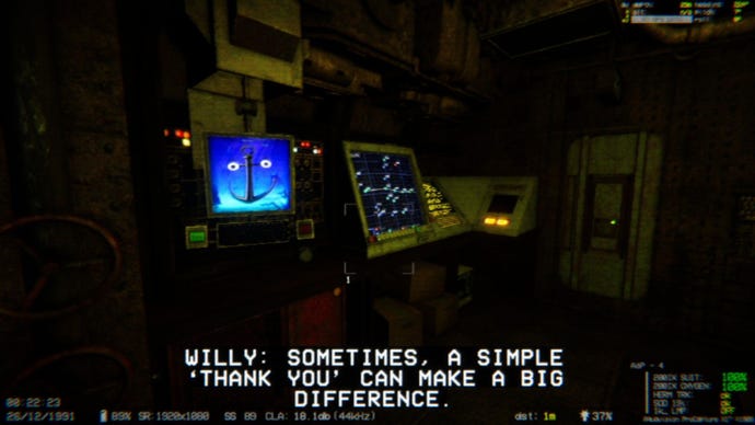 The automated crew mate of a submarine makes a passive aggressive remark to the player.