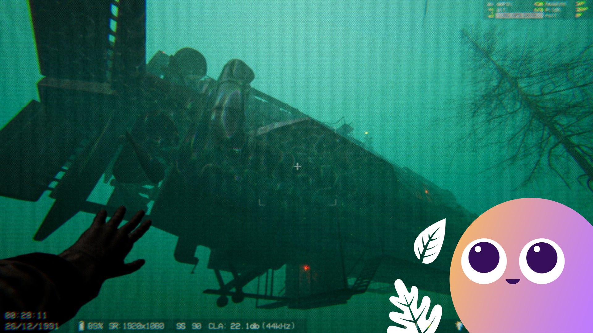 The player inspects a large submarine as it floats in a green-tinted ocean. - 1