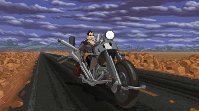 Ben rides his bike through the desert in a Full Throttle Remastered screenshot.