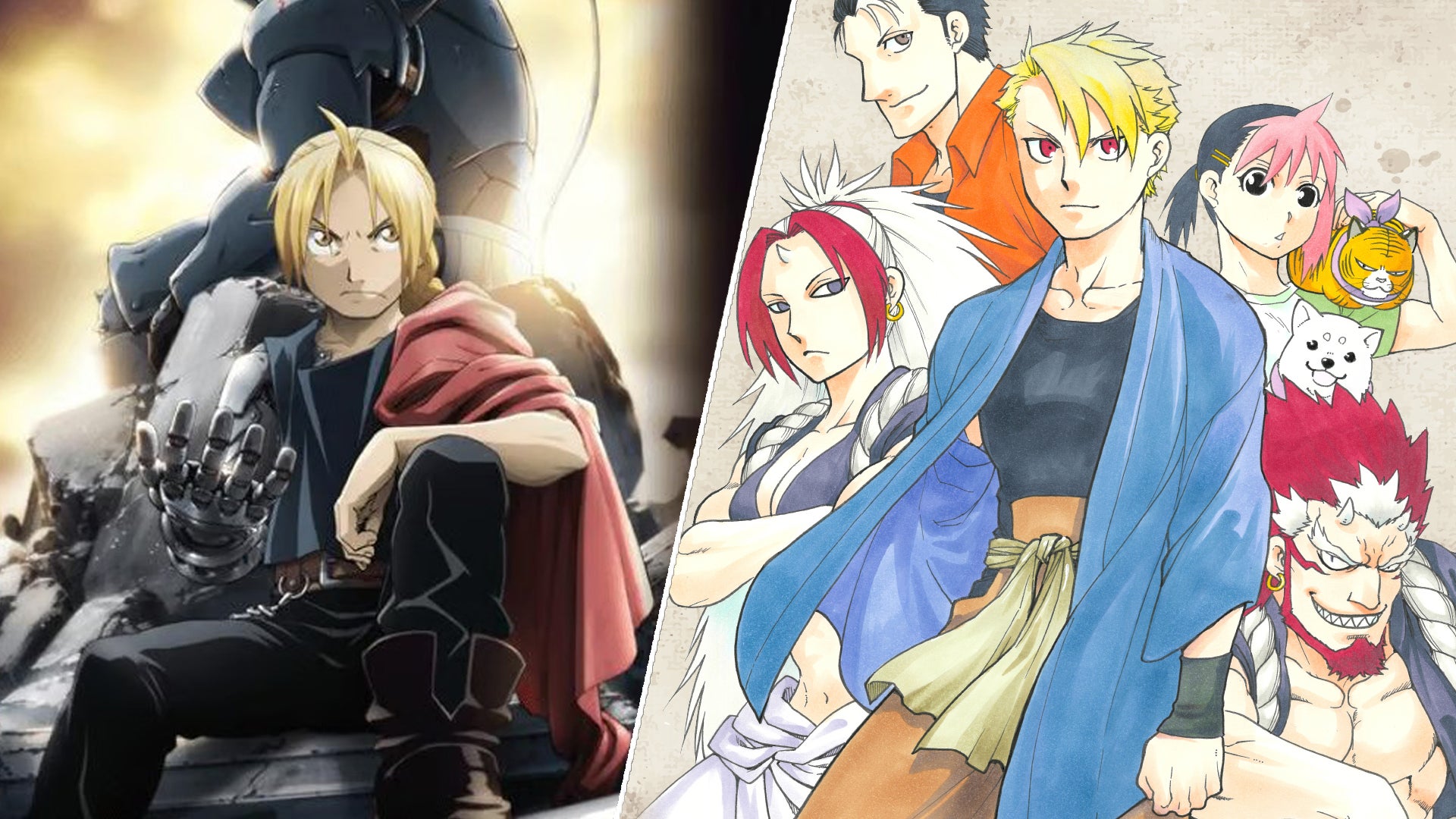 On the left, art of Edward Elric from Fullmetal Alchemist, he is sat his prosthetic arm holding out his hand, his brother Alphonse, a living suit of armour, sat behind him. On the right, the main chast of Daemons of the Shadow Realm, all stood posed looking into the camera. - 1