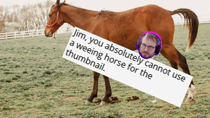 A horse urinating in a field. Its undercarriage is covered up by a whatsapp message that reads “Jim, you absolutely cannot use a weeing horse for the thumbnail."