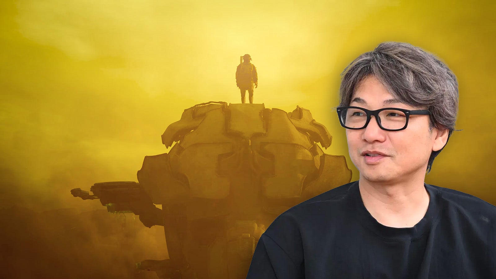 Legendary Japanese developer Fumito Ueda - a man with thick black-rimmed glasses, loose black top, and medium-length side-parted hair - is overlaid over a screenshot from his new game Gen Atlas. The screenshot is yellow hued as if in a desert dust storm and shows a small figure standing atop a huge robot head.