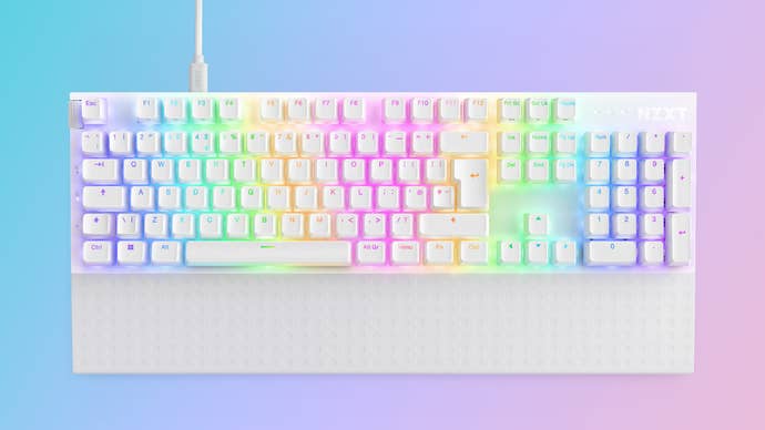 nzxt function 2 full-size mechanical keyboard with rgb on a gradient background