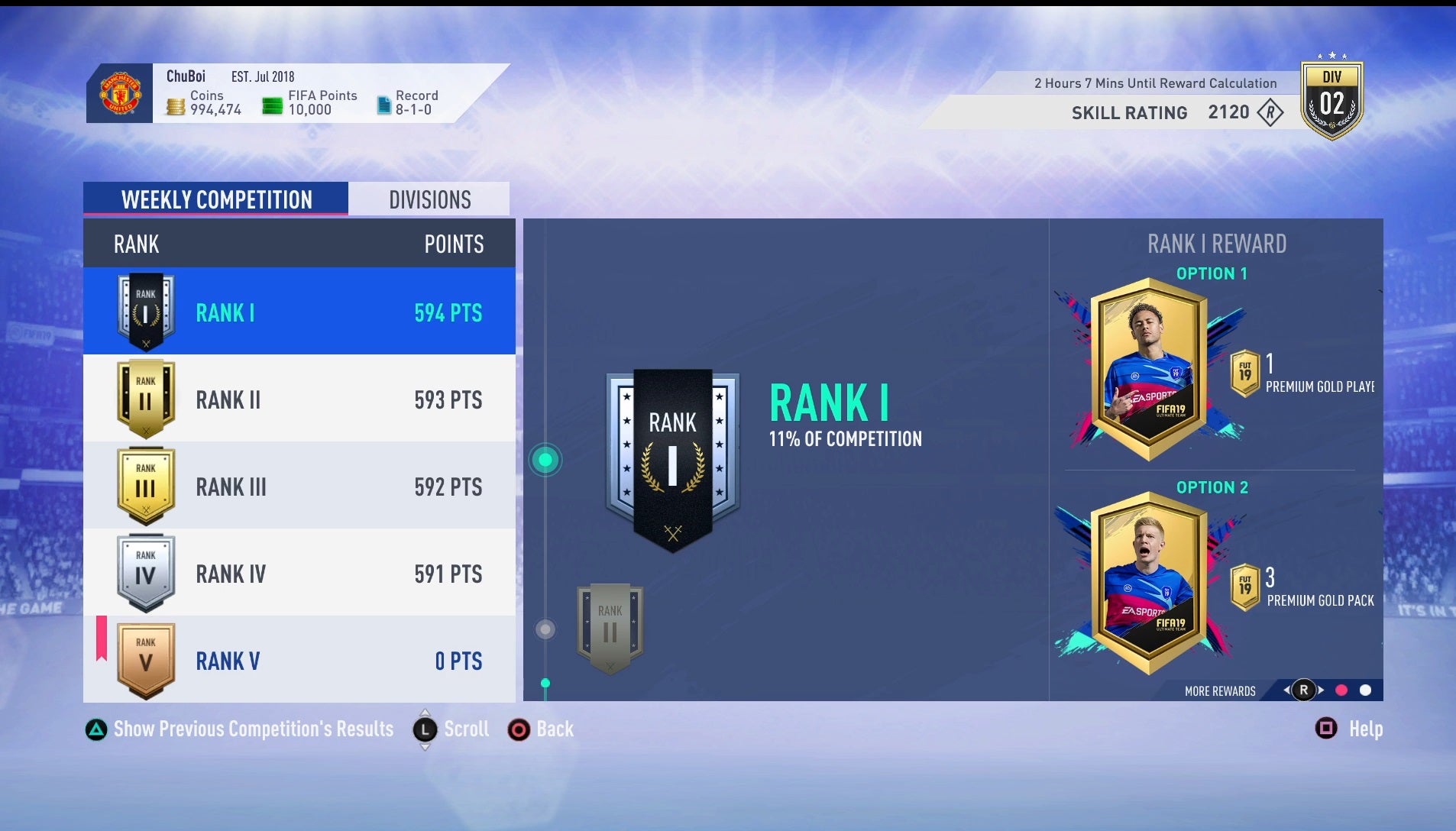 Reward orders weekend league fifa 19