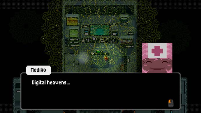 A scene from FixFox where a pink nurse AI is reading data while a repeating light show happens