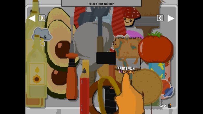 An extremely cluttered toolbox in FixFox - it has bottles of oil, vinegar, spatulas, tomatoes, several paintbrushes and spatulas and a whole lot of avocados