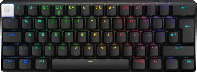 logitech g pro x 60 mechanical keyboard, shown in a uk layout in black - other layouts and colours (white/pink) are also available