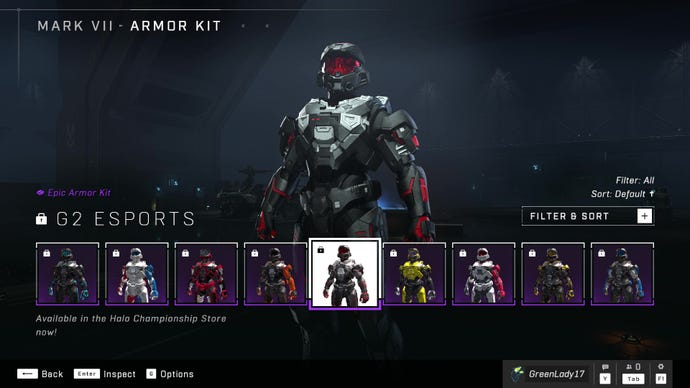 Halo Infinite’s Mark VII Armor Core, sporting the G2 Esports Armor Kit customisation.