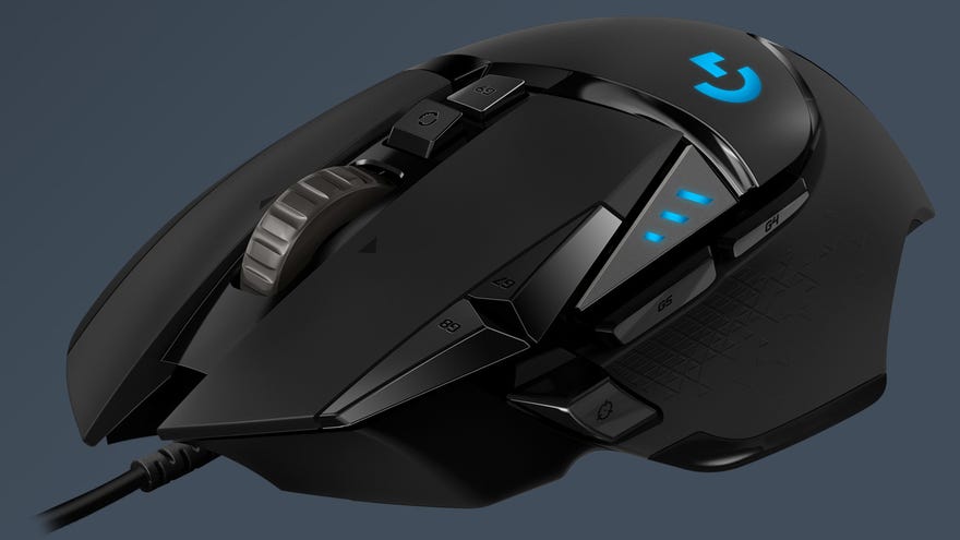 Logitech’s G502 Hero wired mouse, shown with its many buttons and infinite scroll wheel.