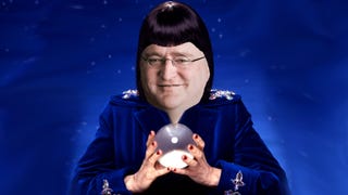 English astrologer and TV personality Mystic Meg, but with the face of Gabe Newell