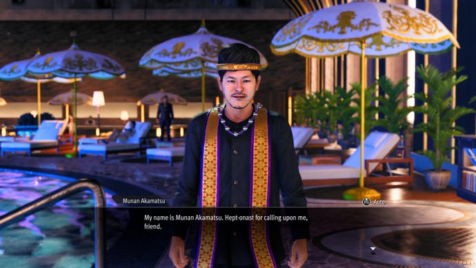 A cult leader introduces himself as part of Kiryu's colosseum team in Like A Dragon: Gaiden.