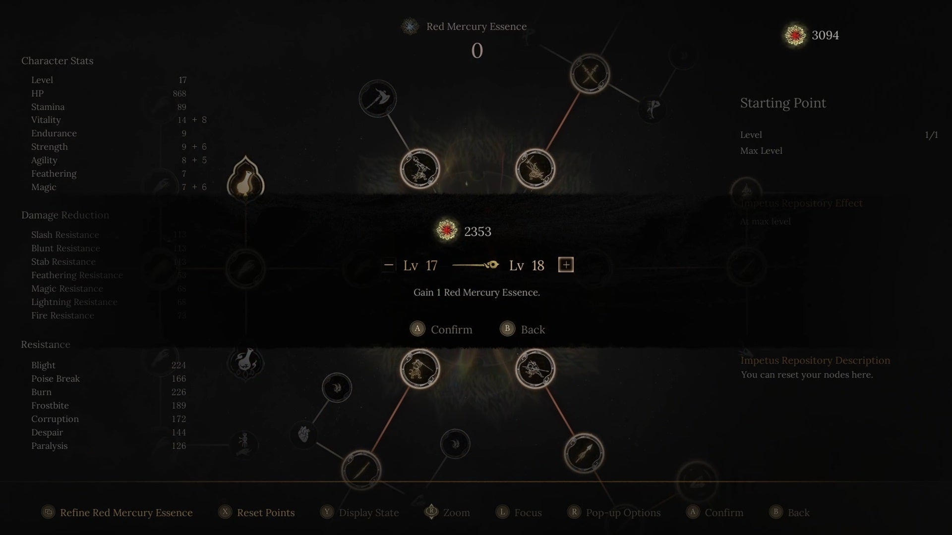 The Impetus Repository in Wuchang: Fallen Feathers. The option has been selected to refine Red Mercury and gain 1 Red Mercury Essence. - 5