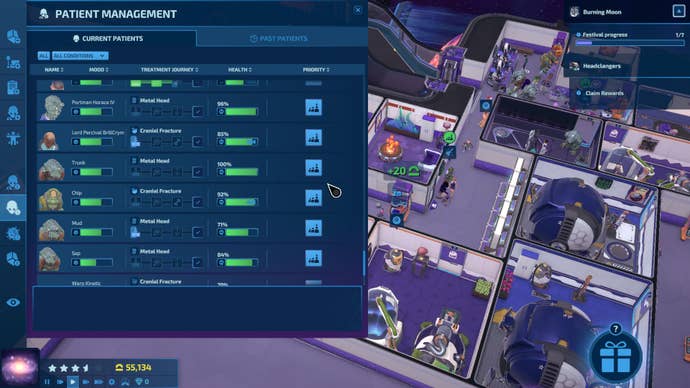 An overview of a hospital in Galacticare, with the patient information screen on the left hand side