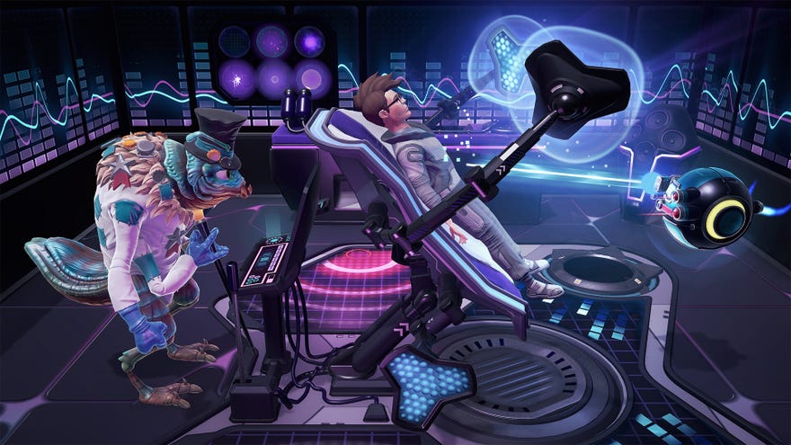 A Galacticare screenshot: a human male in a spacesuit is strapped into a complex alien medical machine with two lights on struts and a floating drone. It’s being operated by a giant insectoid doctor wearing a tophat