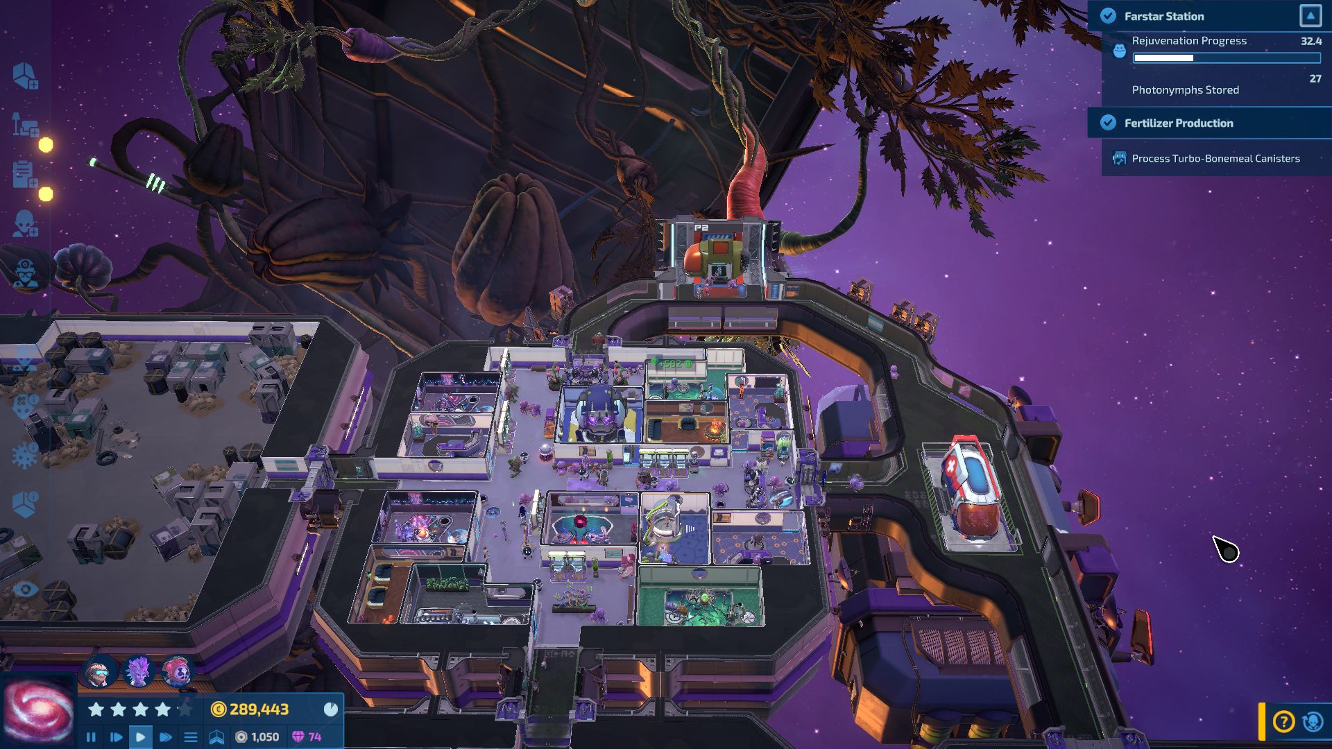 a zoomed out view of a hospital in Galacticare, with a giant plant in the background - 3