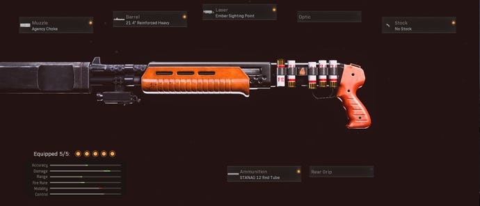 This gallo loadout has the agency choke, 21.4 inch reinforced heavy barrel, ember sighting point, no stock, and STANAG 12 round tube.
