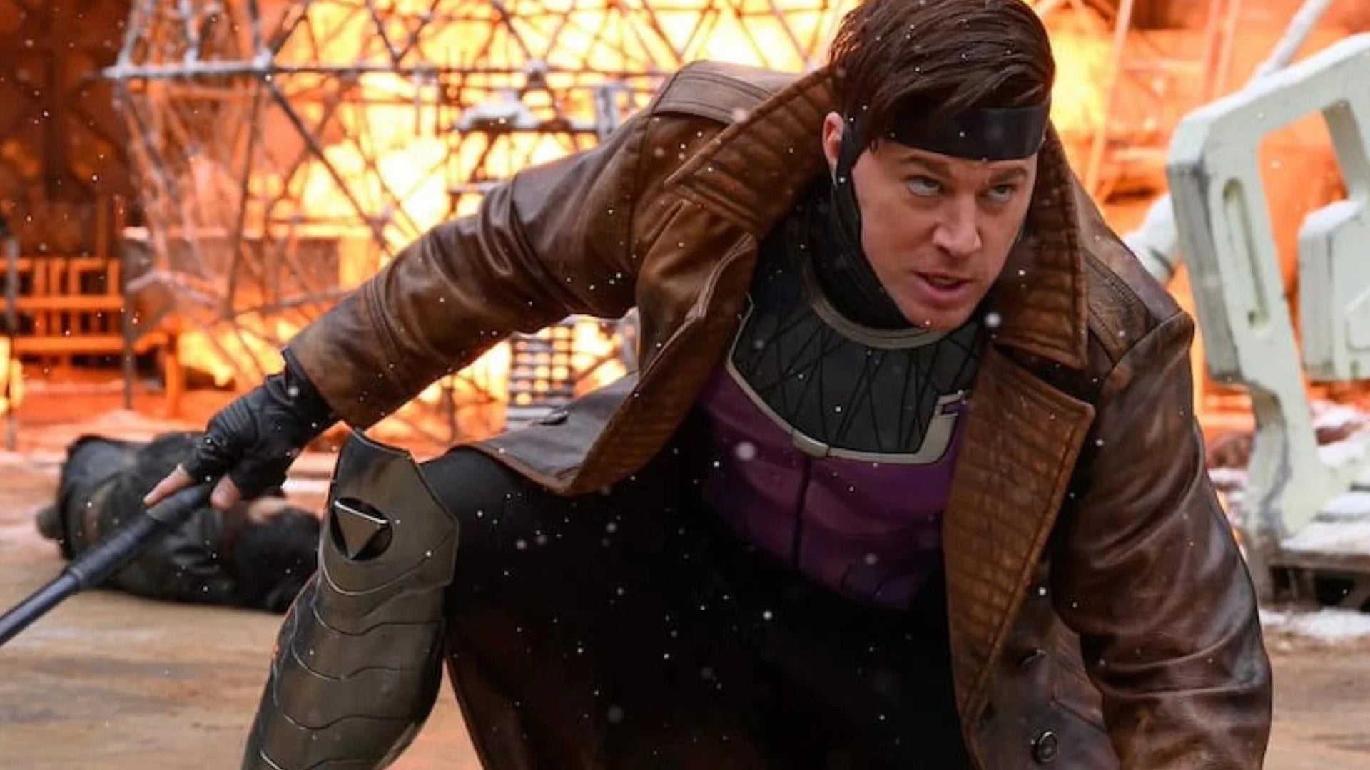 Channing Tatum as Gambit in Deadpool & Wolverine, he's crouched down, pole in his hand.