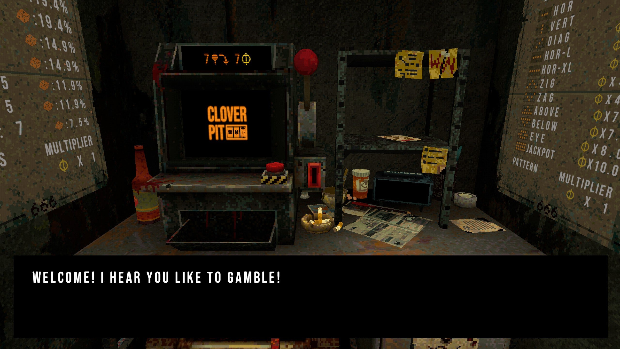 A slot machine on a dingy work bench, surrounded by cigarette butts and mess and posters on the wall.