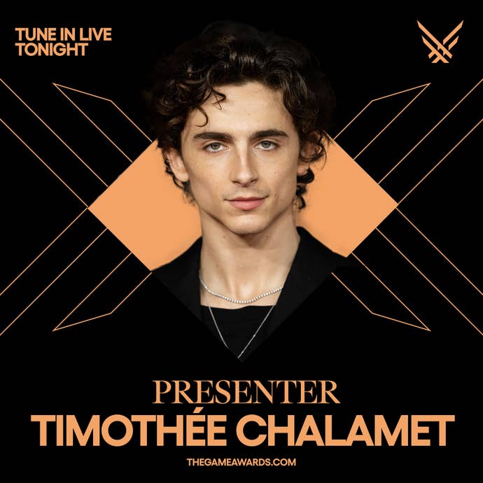 The Game Awards graphic from the announcement Timothée Chalamet would present the Game of the Year award. Chalamet’s headshot is in the centre of a black and orange visual.