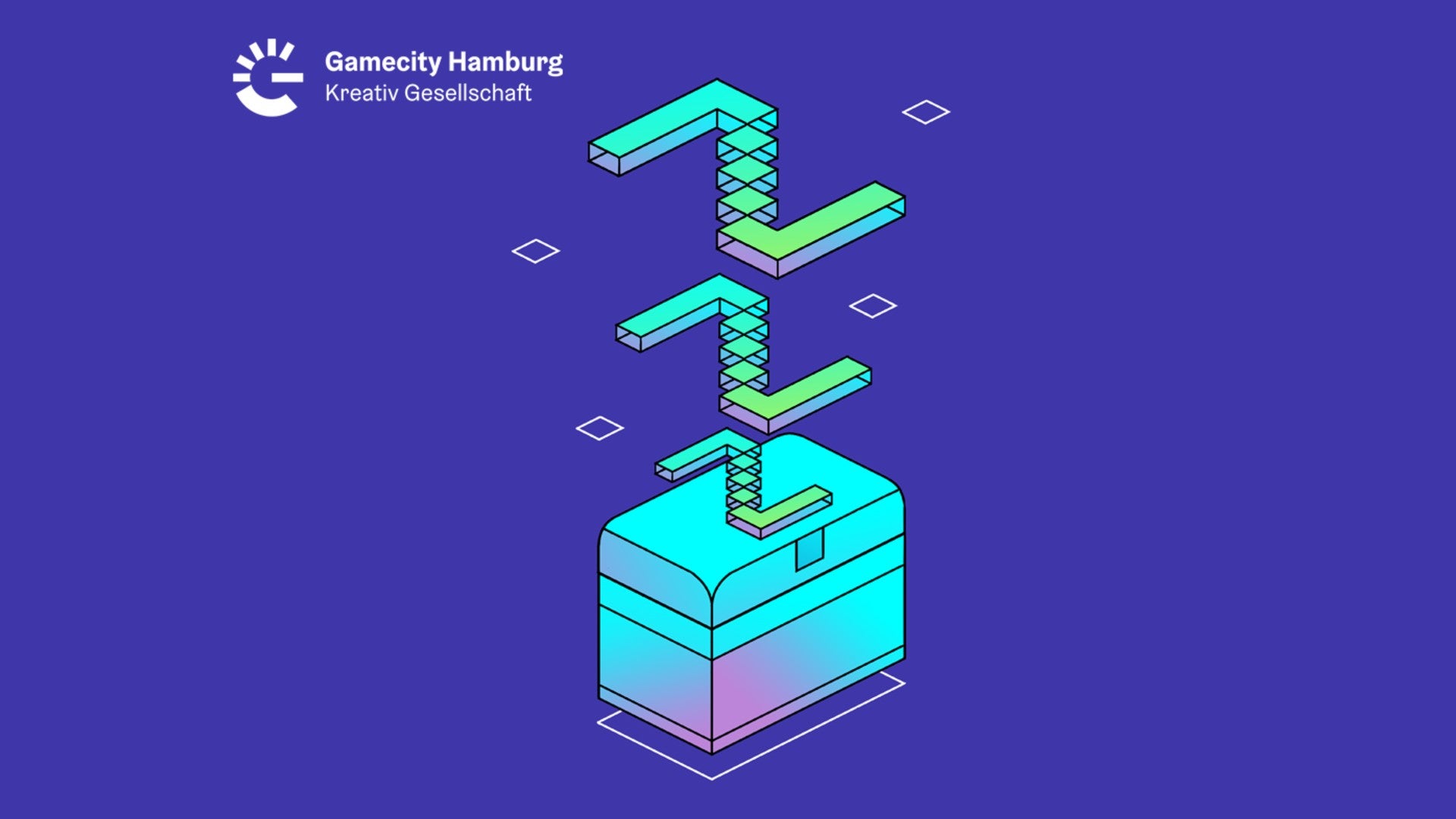 Isometric illustration of stacked abstract shapes in turquoise and green, resembling building blocks or components, on a dark purple background with faint white diamond outlines. A logo with the text "Gamecity Hamburg Kreativ Gesellschaft" is in the upper left corner.