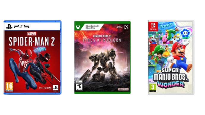 Marvel’s Spider-Man 2, Armored Core 6, and Super Mario Bros Wonder box covers