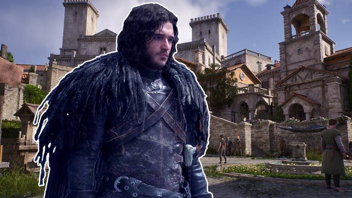 Games of Thrones: Kingsroad’s rendition of a glum Jon Snow superimposed over a screenshot of King’s Landing.