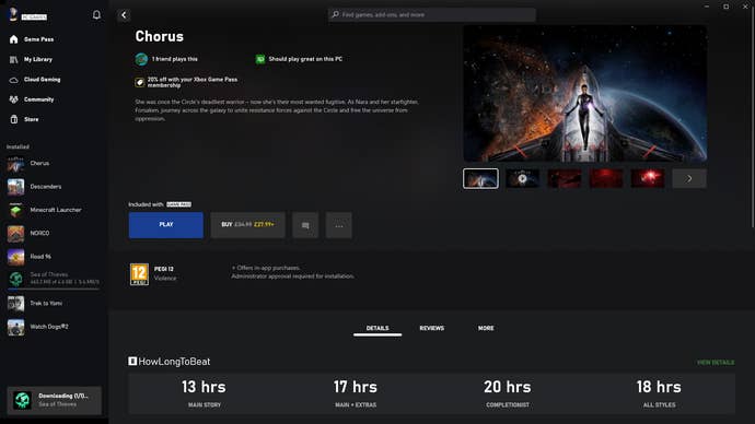 The Game Pass store page for Chorus showing estimated times to beat it.