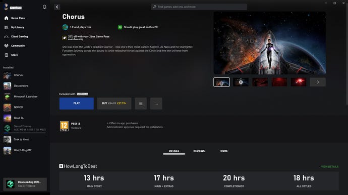 The Game Pass store page for Chorus showing estimated times to beat it.