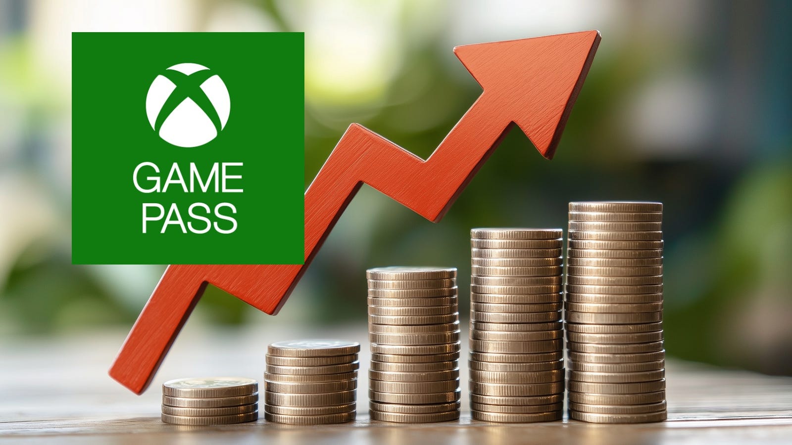 Increasing piles of coins with arrow going up along with Xbox Game Pass logo