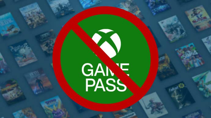 The green and white of Xbox and Game Pass in a red circle with a line through it, with a background of game pass games in a tile formation.