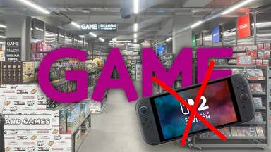 Game logo in front of image of shop, with Switch 2 console in front covered by a red cross