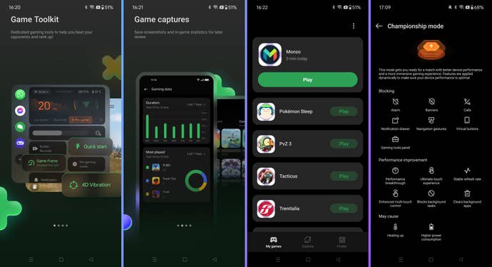 oneplus 12r screenshots showing the game launcher features