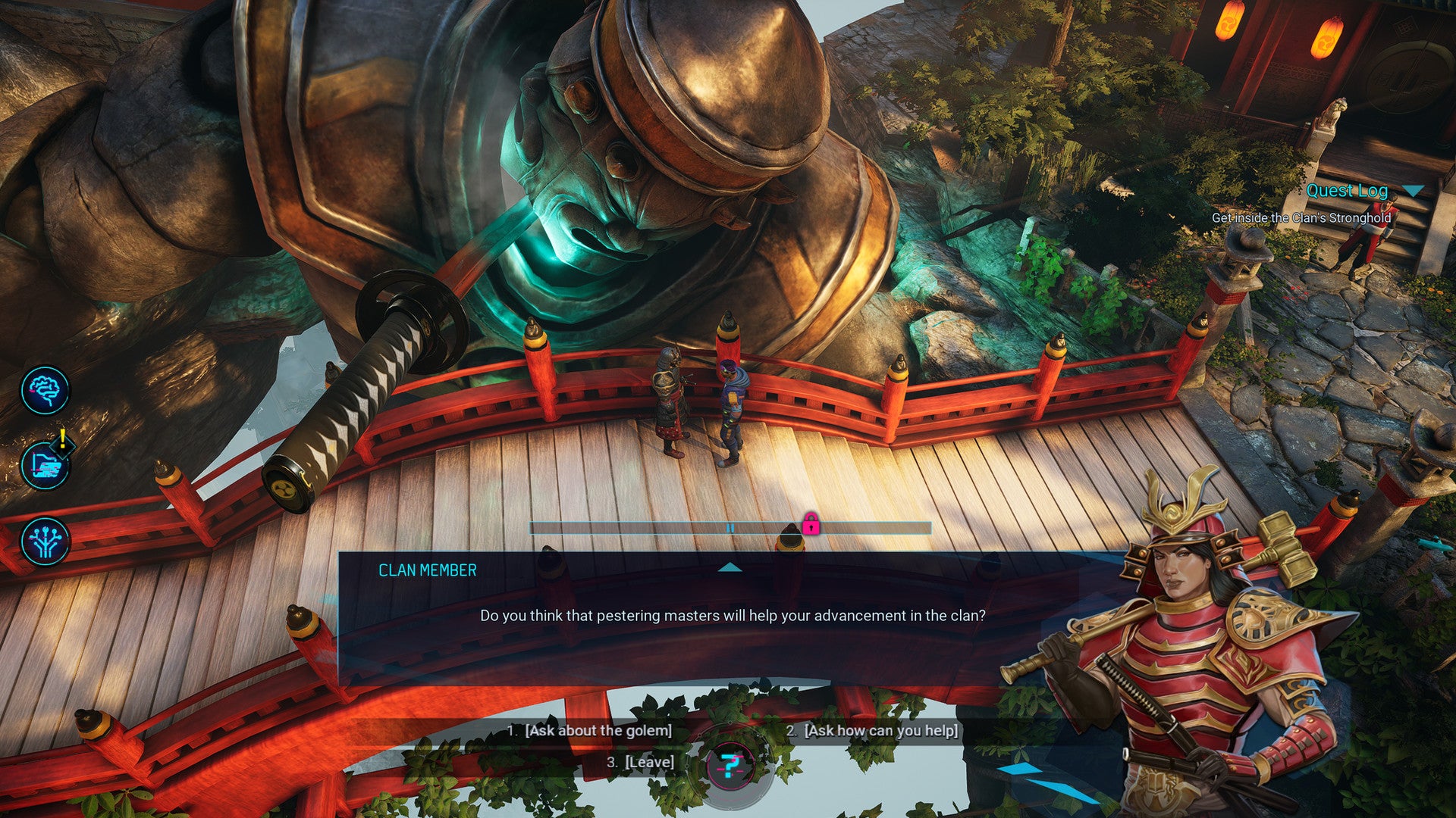 The investigator speaking to a clan member inside a Chinese-themed MMO in Gamedec - 10