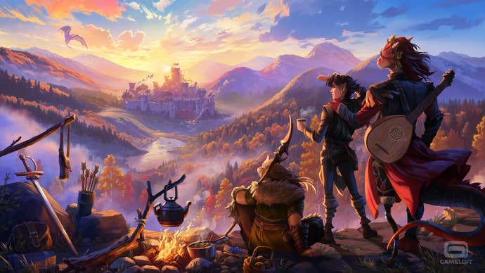 Adventurers looking at a castle under constructions in concept art for Gameloft’s D&D game.