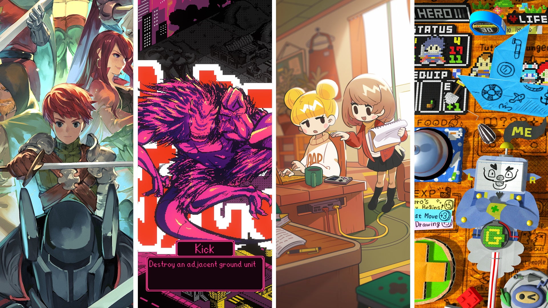 Slices of screenshots from Chained Echoes, Kaiju Wars, Goodbye World and RPG Time: The Legend Of Wright