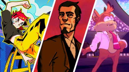 Composite image showing artwork from Denshattack!, Outlaws, and Bubsy 4D.