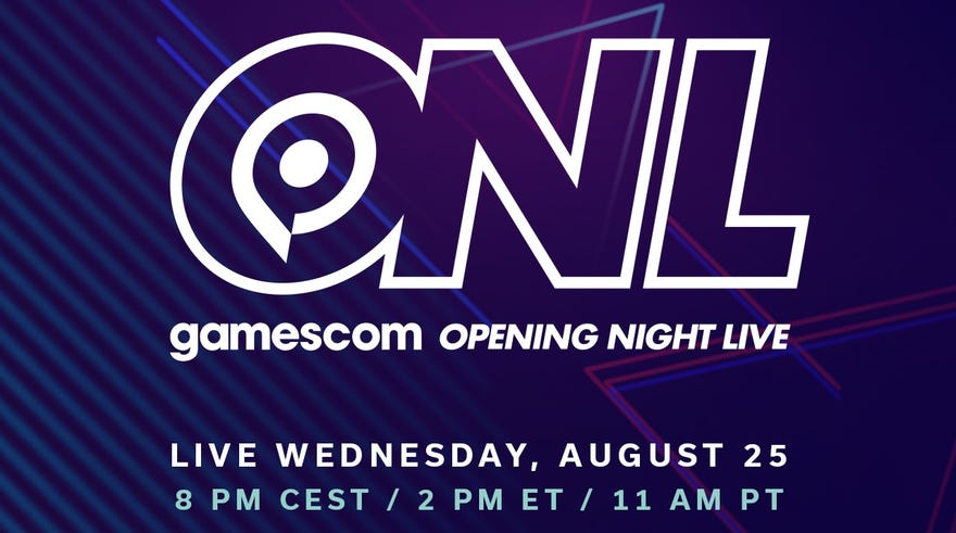 Gamescom Opening Night Live 2021 logo with text announcing the date and time “Wednesday, August 25 at 8pm CEST / 2pm ET / 11am PT”