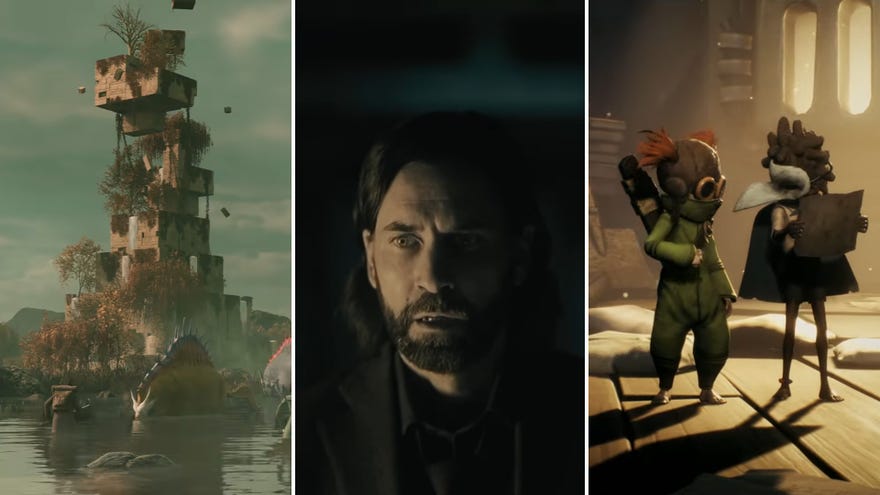 Three screenshots from Gamescom Opening Night Live trailers. Left to right: Nightingale, Alan Wake 2, Little Nightmares 3.