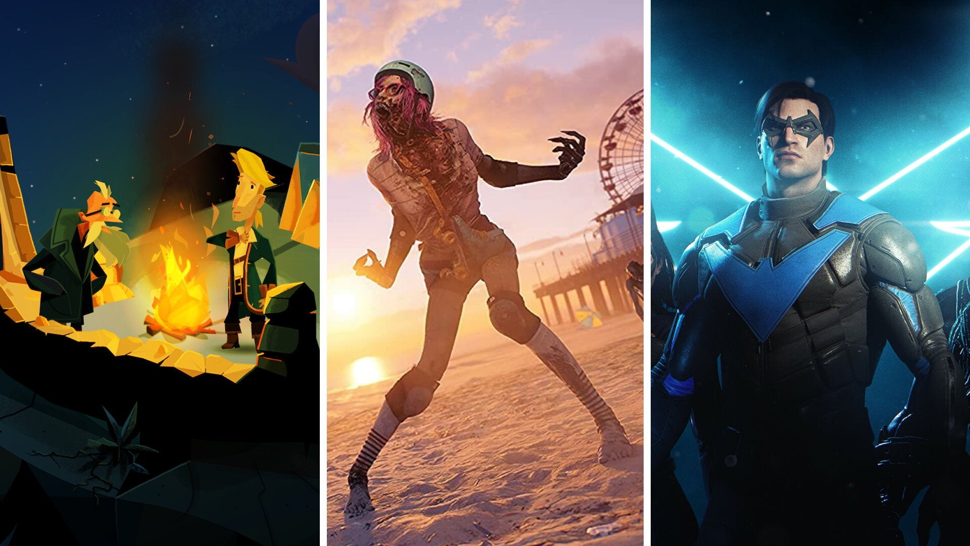 A composite of three game screenshots: from left to right, Return To Monkey Island, Dead Island 2, and Gotham Knights.