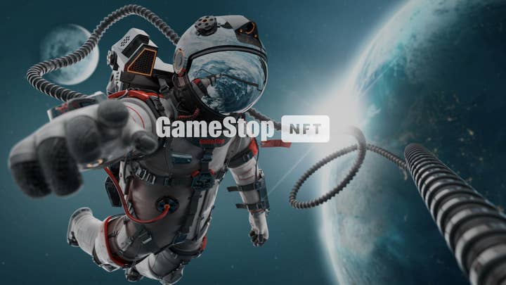 A GameStop NFT image showing the GameStop NFT logo in front of a picture of an astronaut floating in space reaching toward the camera