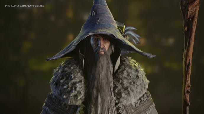 Gandalf from The Lord Of The Rings: Gollum, with a very large hat and a big furry collar on his coat.