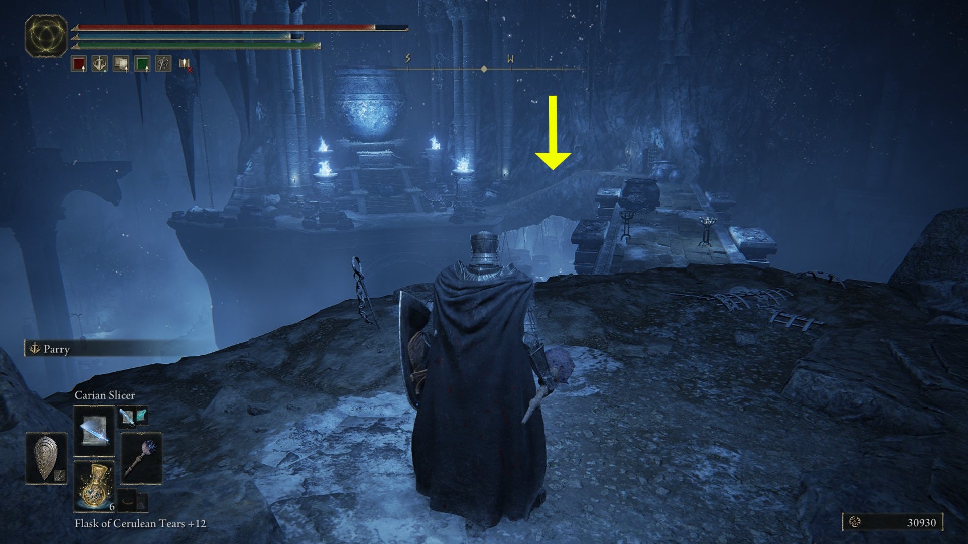 Overlook a stretch of platforms in Elden Ring: Shadow of the Erdtree's Belurat Gaol. A yellow arrow indicates a section of platform that will collapse. - 6
