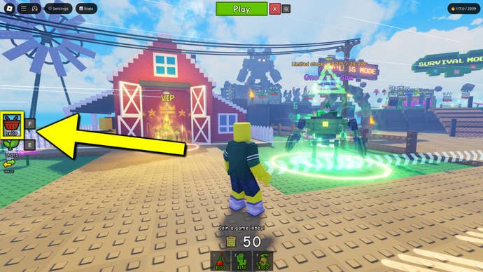 An in-game screenshot from the Roblox game Garden Tower Defense, featuring an arrow pointing to the in-game shop icon where you can redeem codes.