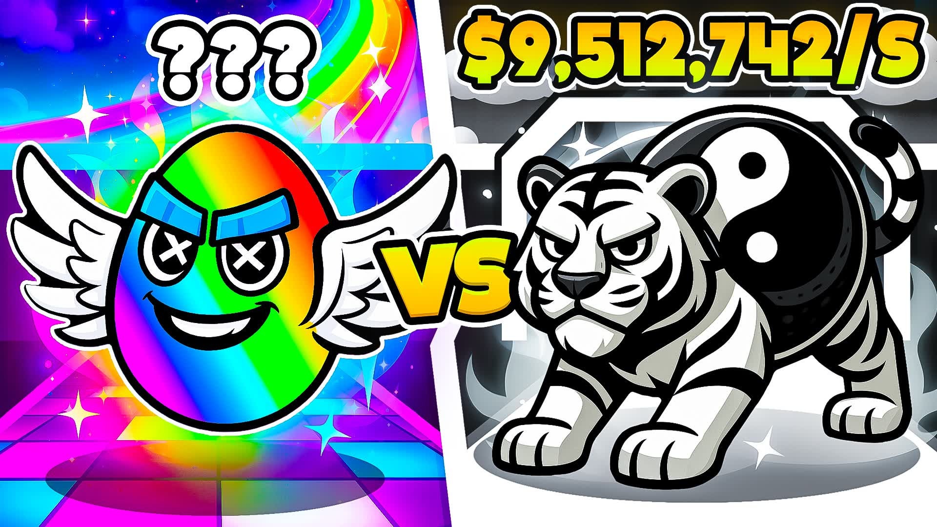 Artwork from the user-created Fortnite map, Garden vs Brainrots, showing a rainbow egg with wings matched up against a tiger with a yin and yang symbol for a body. - 1