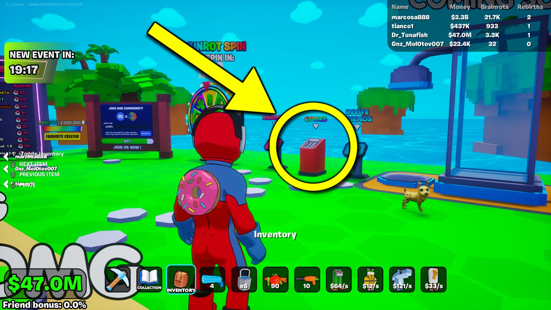 An in-game screenshot from the user-created Fortnite map, Garden vs Brainrots, featuring an arrow pointing to the codes keypad podium where players can input codes. - 3